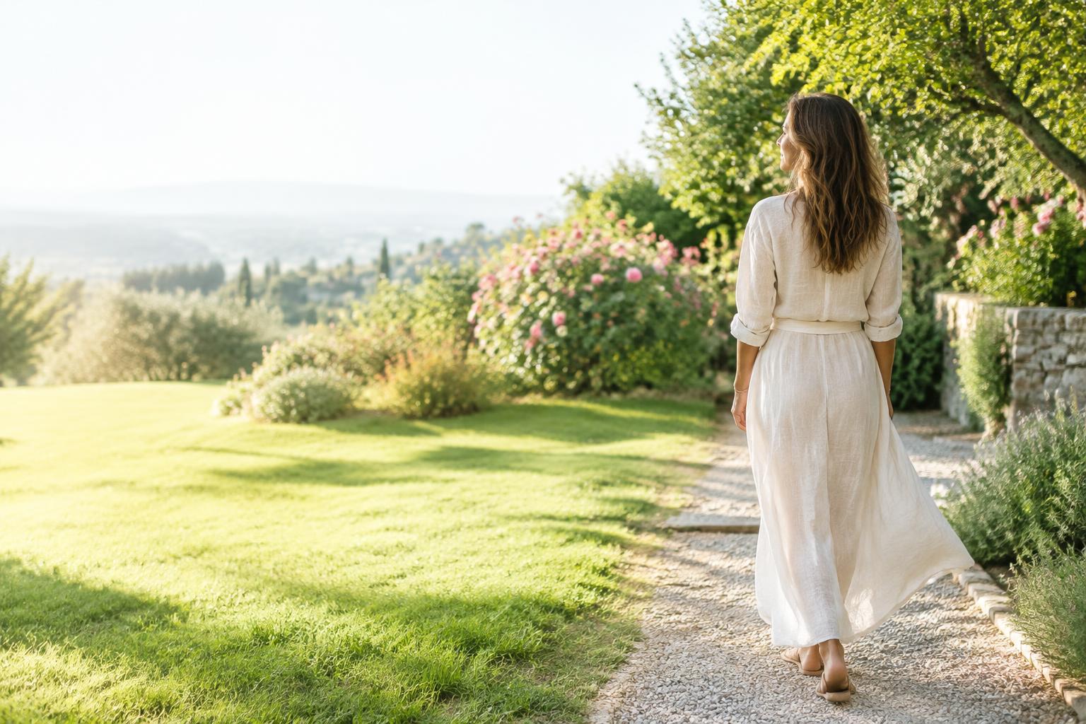 Mulher caminhando por um jardim em direção à luz da manhã